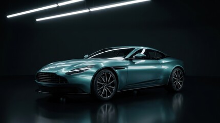 Fototapeta premium Sleek Metallic Teal Luxury Sports Car in a Dark Studio with Elegant Lighting Reflections