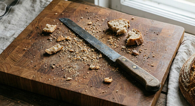 A rustic bread knife with a wooden handle rests diagonally across a thick wooden cutting board covered in breadcrumbs and small crust fragments.