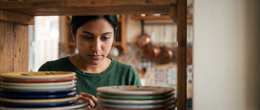 Indian woman organizing kitchen plates on rustic wooden shelf, choosing colorful ceramic dishes, serene domestic housework lifestyle in cozy home kitchen scene with warm bokeh background elements.