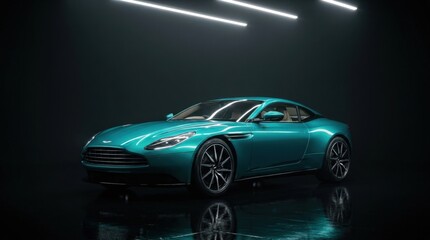 Fototapeta premium Modern Teal Luxury Sports Car in Dark Studio with Reflections, Sleek High-End Supercar Presentation