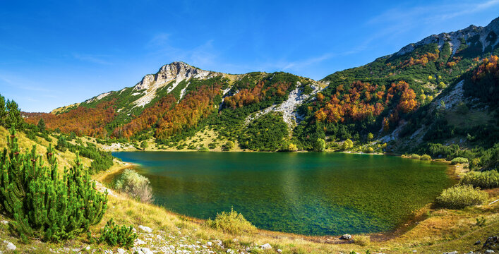 Sator Lake located below Sator Mountain in Bosnia and Herzegovina. Autumn landscape.