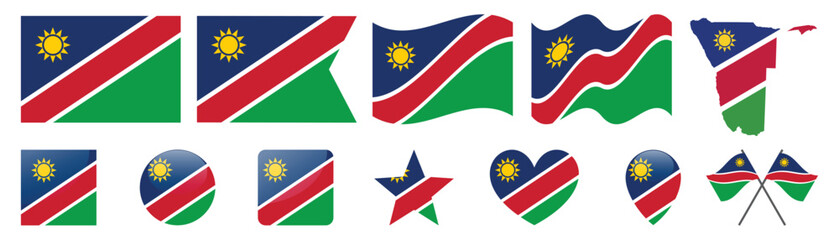 Obraz premium Namibia flag icon set featuring map outline and various graphic shapes.