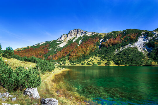 Sator Lake located below Sator Mountain in Bosnia and Herzegovina. Autumn landscape.