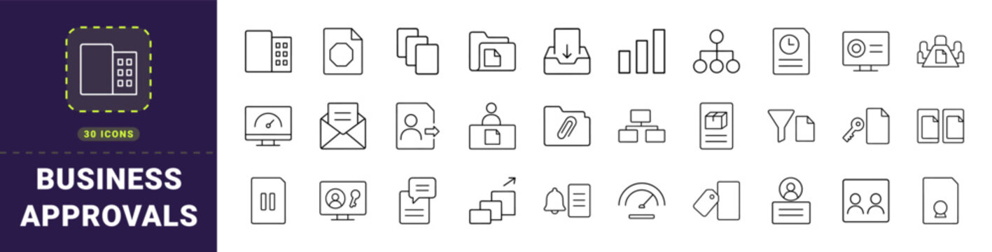 Business approval line icon set. Vector pictograms of quotation workflow, sales review, pricing control, and document authorization elements, thin linear illustration.