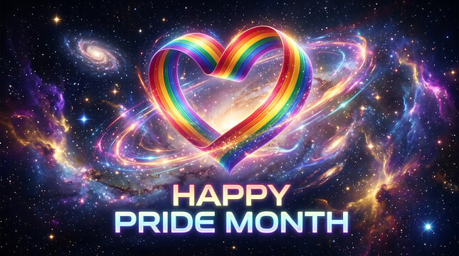 Happy pride month space concept with rainbow heart nebula universe equality