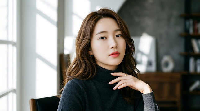 Young asian woman in a dark sweater sitting in a modern room with a thoughtful expression