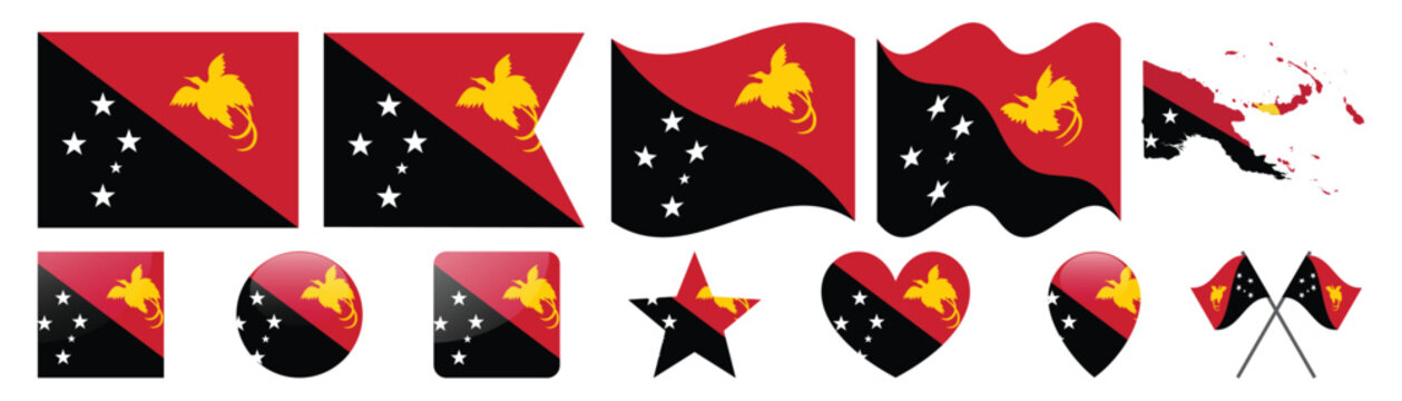 papua new guinea flag variations, flat and waving styles with map of papua new guinea.