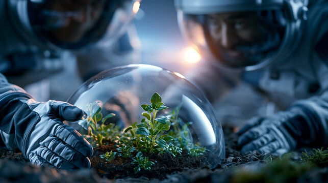 Astronauts discover tiny green plants inside a protective dome on a barren alien landscape, symbol of hope, science, and survival