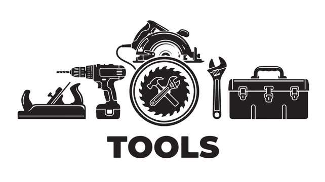 Tools Icon Illustration with Wrench and Screwdriver, Toolbox, Drill, Saw, Hammer, Spray Gun, and Watering Can in Logo Style