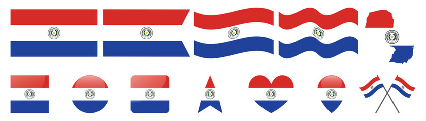 Collection of Paraguay flags in various styles and shapes on white background. © BestBuyPoints