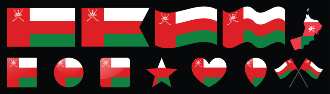 collection of oman flag variations, flat and waving, with map of oman.