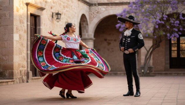 Mexican folk dancers spinning in traditional dress performing Jarabe Tapatio in a rustic courtyard, celebrating cultural heritage for Cinco de Mayo concept