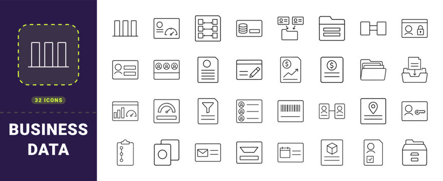 Business data management line icon set. Vector pictograms of procurement, supplier records, data quality, and workflow elements, thin linear illustration.