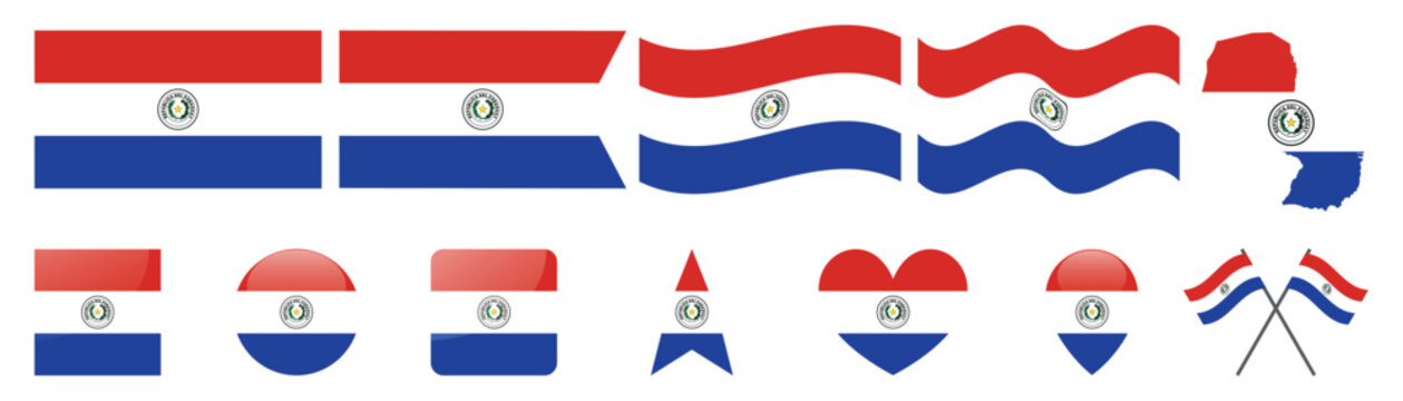 Collection of Paraguay flags in various styles and shapes on white background.