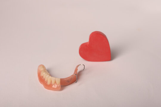 New removable dentures isolated on white background.