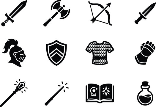 RPG fantasy game item icons vector collection featuring black silhouette weapons armor shields magic wands spells and potions isolated on white background (exactly 23 words)