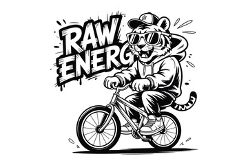 Cool cheetah on bicycle illustration with 'raw energy' typography © Universal Icons Lab
