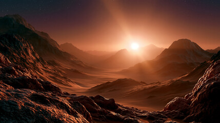 Obraz premium Cinematic view of Mars with vast dusty plains, rocky hills and warm orange light, dramatic photorealistic alien landscape at golden hour