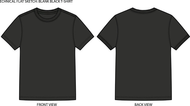 Technical flat sketch of a blank black t shirt vector template displaying both front and back view isolated on white background for fashion apparel (exactly 24 words)