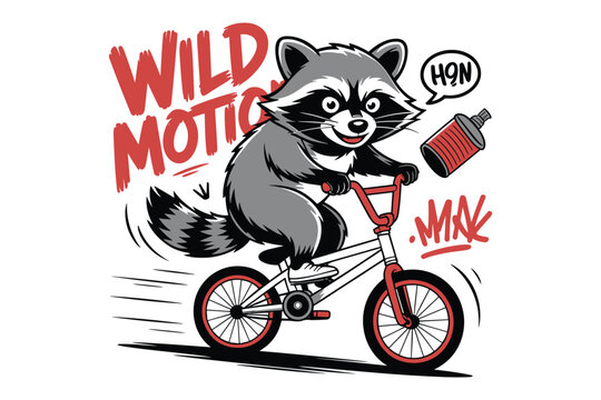 Raccoon riding bicycle illustration with 'wild motion' text and exhaust pipe
