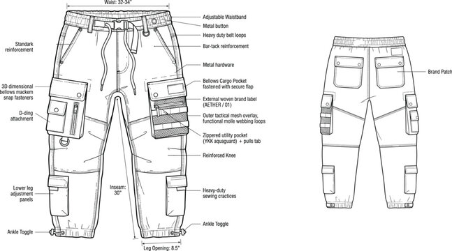 Technical flat sketch of tactical cargo pants vector showing front and back view with detailed measurements pocket labeling and hardware callouts for apparel design (exactly 24 words)