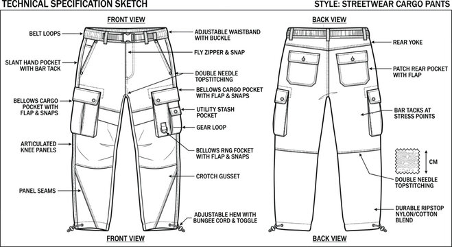 Technical specification sketch of streetwear cargo pants vector showing front and back view with detailed pocket labeling and adjustable trims for design tech packs (exactly 24 words)