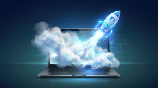 A rocket launching from a laptop computer with the words AI Agents symbolizing agentic autonomy and the future growth of automation through copilot chatbots and autonomous bot technology