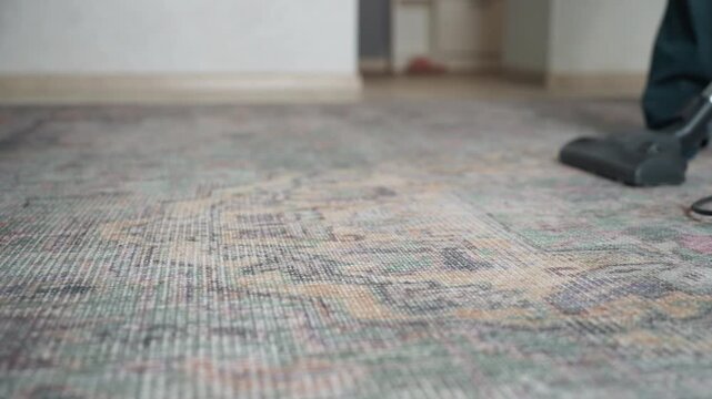 Carpet vacuum head gliding over patterned rug, asian cleaner focusing on fibers and suction, closeup detail of nozzle, textured floor surface, precise motion and professional home cleaning atmosphere