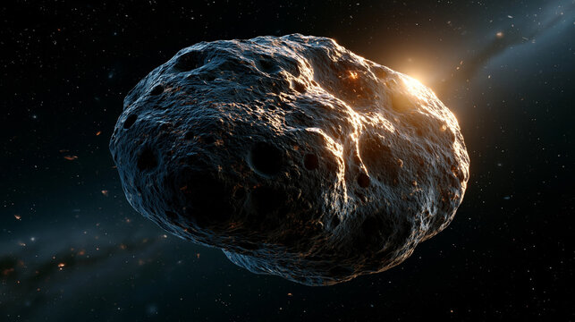 Rugged asteroid drifting in sunlight with visible craters and rock texture against a dark starry background realistic space object study