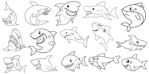 Fototapeta premium Cartoon Shark Mascot and Black Line Art Vector Collection - Editable Stroke.