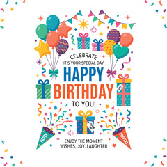 Naklejka premium Festive birthday illustration with balloons gifts and confetti