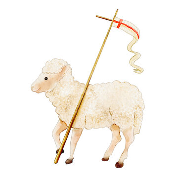 Watercolor illustration of the Agnus Dei, Lamb of God holding a flag