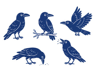 Fototapeta premium Blue crow doodle vector set of 5 birds featuring flying and perched moments