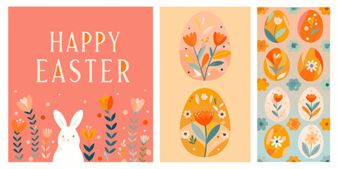 easter greeting cards with floral eggs and bunny vector rabbit spring holiday © Sudhakar