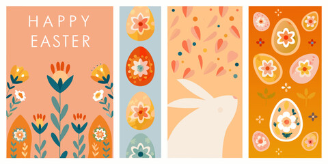 four vertical easter greeting cards with floral and bunny designs holiday spring © Sudhakar