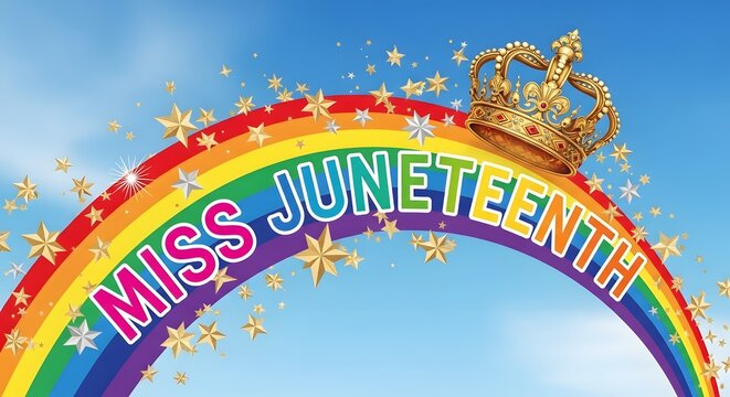 Colorful Miss Juneteenth Celebration Arch with Golden Crown Against Blue Sky Background