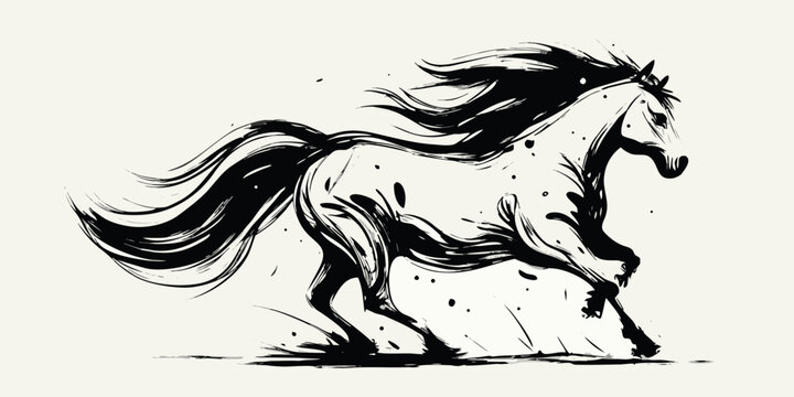 galloping horse artistic ink wash illustration animal wildlife black white dynamic motion