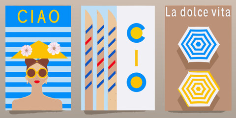 summer vacation posters with beach umbrellas and striped backgrounds ciao dolce vita © Sudhakar