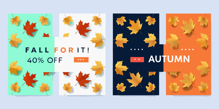 four vertical autumn promotional posters with colorful leaves fall maple seasonal marketing