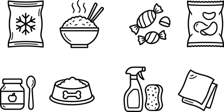 Set of Various Household and Food Items Hand Drawn Icons.