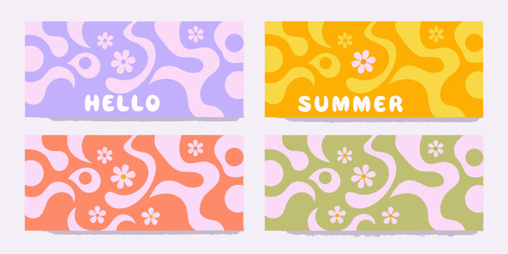retro groovy summer greeting cards with abstract patterns flower design vintage colorful