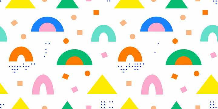geometric shapes seamless pattern on white background triangle arc diamond dot colorful