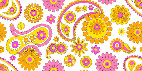 Fototapeta premium psychedelic floral paisley pattern on white background vibrant retro 1970s flower design