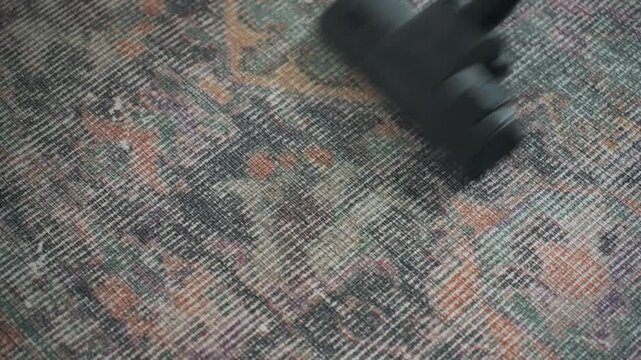 Closeup vacuuming on patterned rug surface, nozzle and wand sliding over fibers, textured vintage pattern revealed, steady methodical passes emphasizing suction and detail, no person visible, focus
