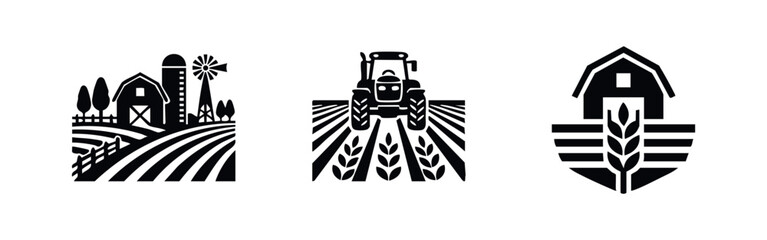 Icons representing farming: landscape, tractor in a field, and barn with wheat emblem. © Lili