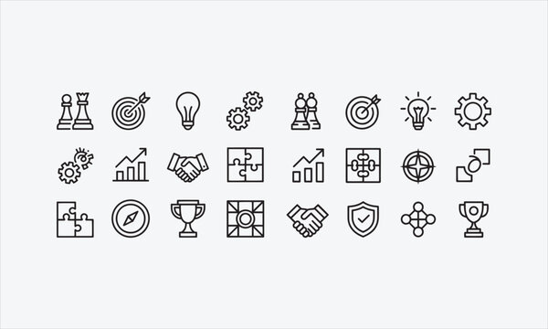 A set of monochrome vector line art icons related to strategy. vector illustration
