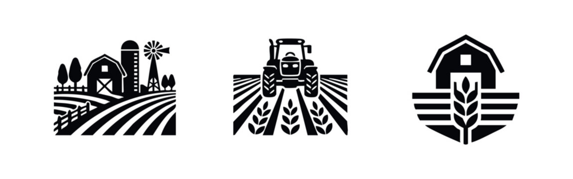 Icons representing farming: landscape, tractor in a field, and barn with wheat emblem.