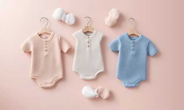 Baby rompers on hangers with decorative elements on soft pink background.