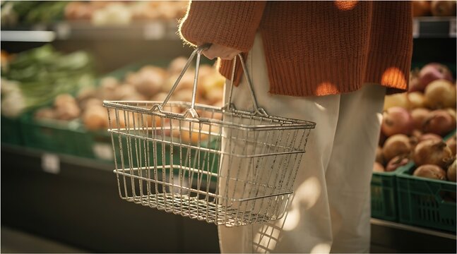 Person in orange sweater holding empty wire shopping basket in supermarket produce section with blurred background of vegetable crates and shelves