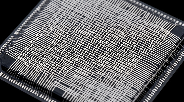 Microprocessor chip surface features an intricate grid of microscopic silver circuits and metallic bonding wires arranged in a precise geometric pattern on a dark silicon substrate base plate.